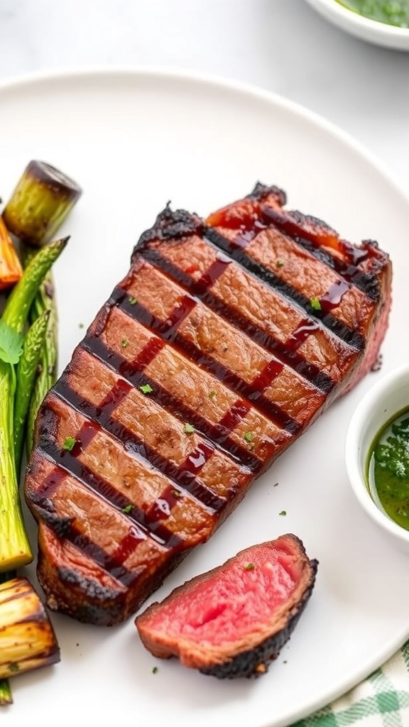 Juicy air fryer sirloin steak on a plate with roasted vegetables and chimichurri sauce.